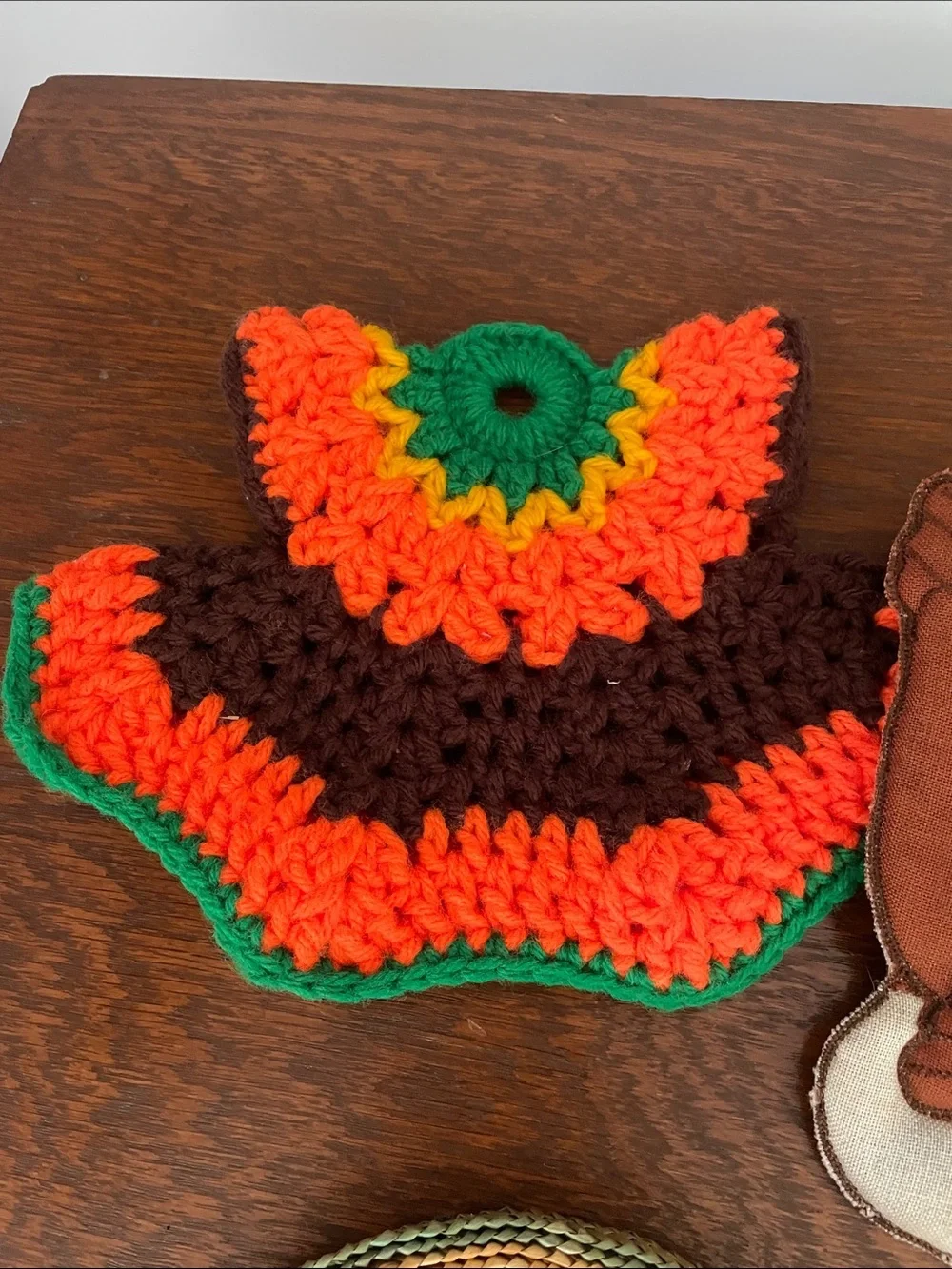 Handmade Crochet & Fabric Trivet Set in Red, Green, Brown and Cream